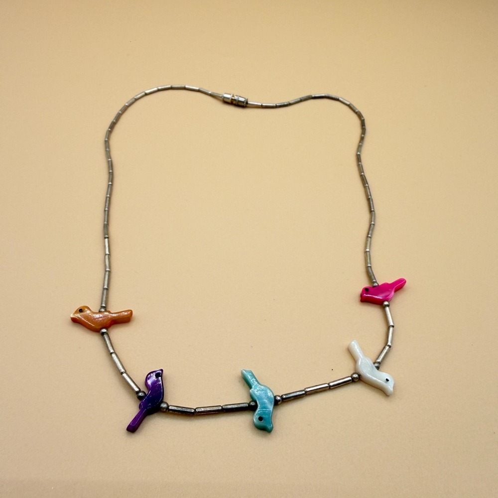 Colorful Bird Bead Silver Tone Tube Necklace Whimsical Boho Statement Vintage